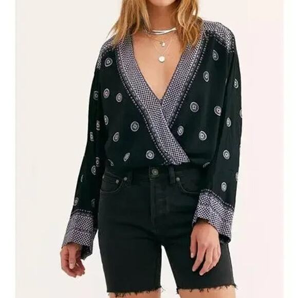Intimately Free People NWOT On Board Black Combo Open Back Surplice Bodysuit - Picture 1 of 12